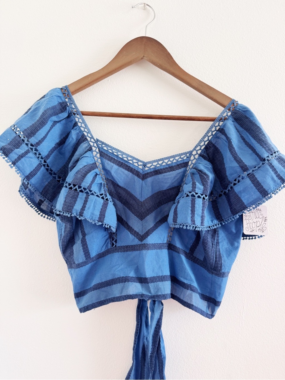 Free People Blue Off-Shoulder Tie-Back Crop Top with Ruffle Sleeves NWT XS